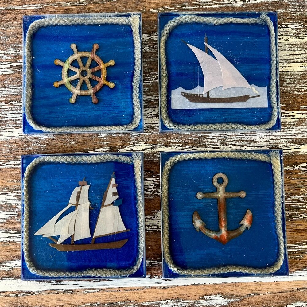 Nautical Ships Glitter Resin Drink Coasters Set of 4 House Housewarming Gift
